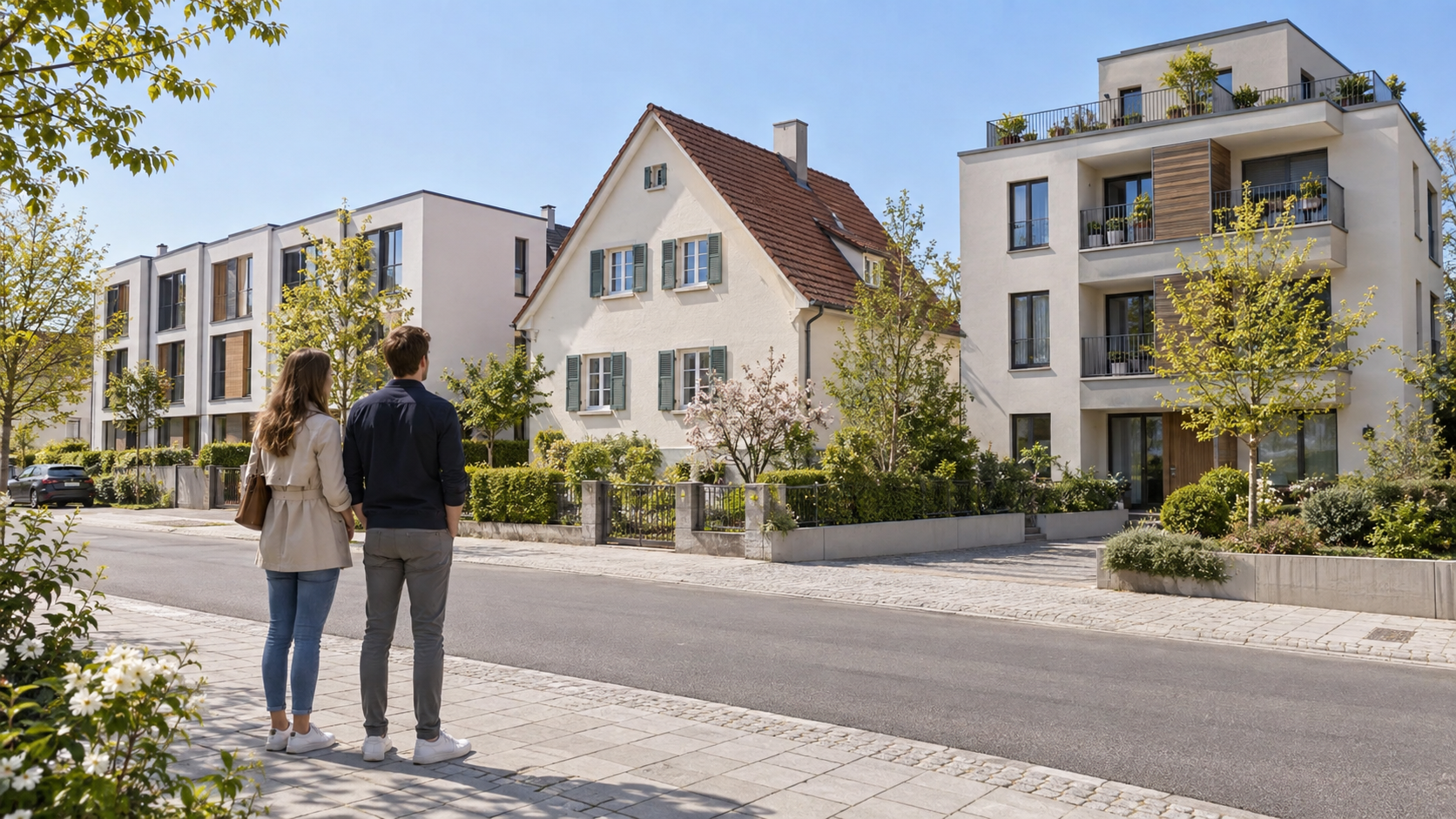 Paar betrachtet unterschiedliche Wohnhäuser in einer bayerischen Stadt