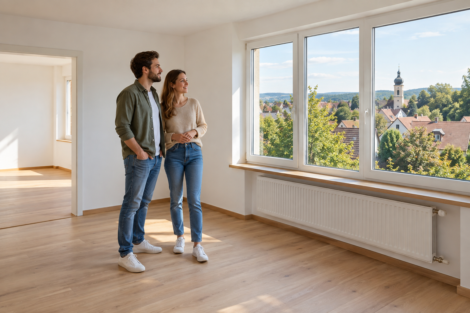 Paar betrachtet einen hellen Wohnraum mit Blick über eine bayerische Stadt